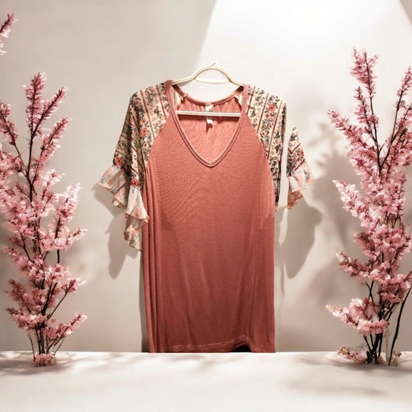 Boho Mauve Top with Sheer Ruffle Sleeves p2p 20 - Picture 1 of 5